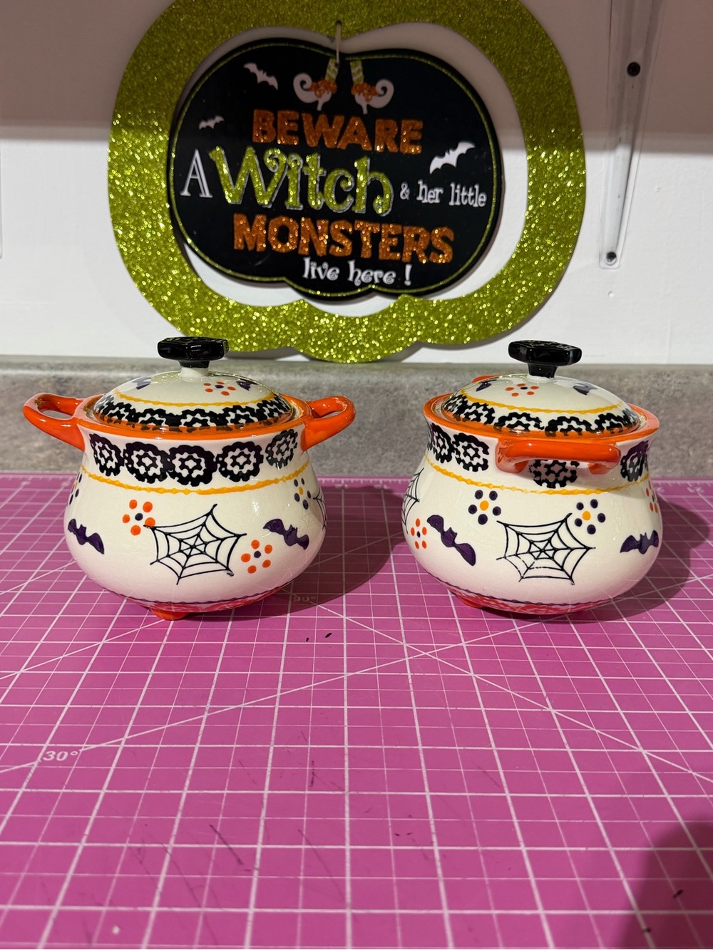 Temptations boofetti Halloween Ceramic crocks with figural lids - orange & black